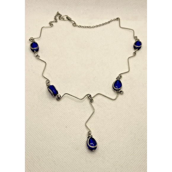 Silver Tone Blue Oval Glass Unique Link Station Necklace Drop Pendant 17 in - Picture 5 of 9